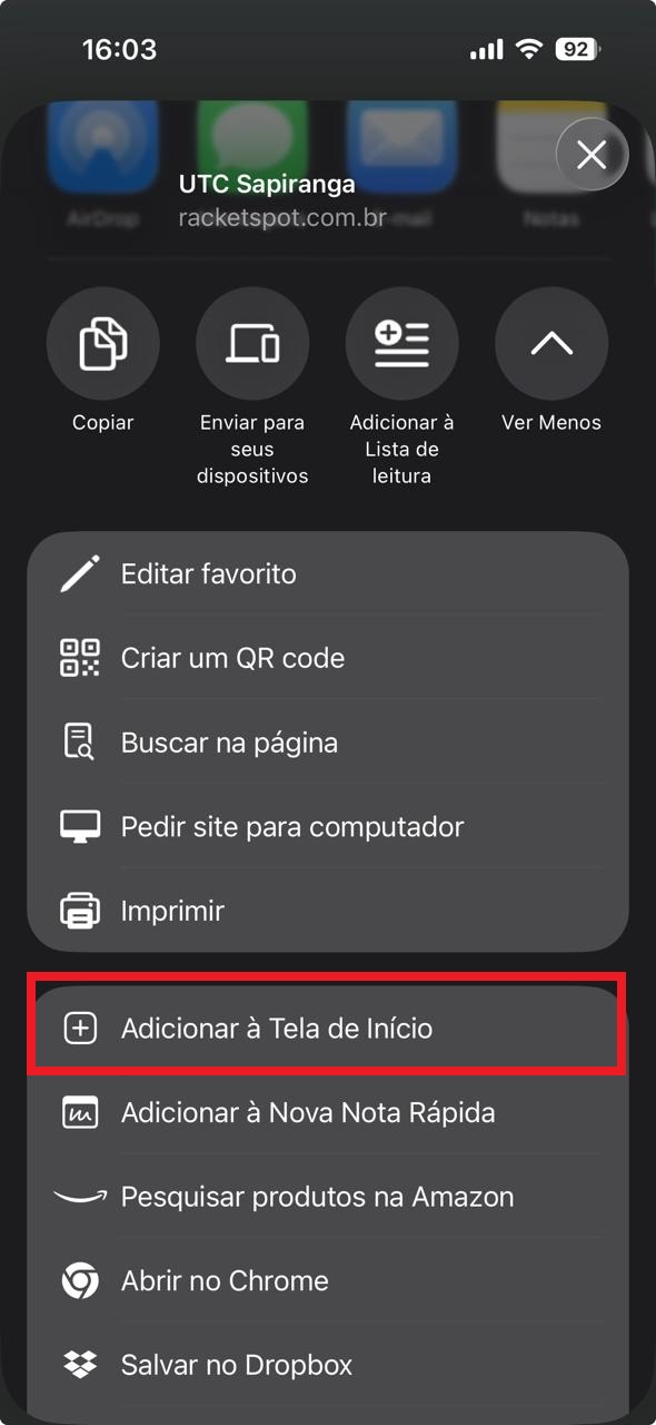 Opção Adicionar à Tela de Início